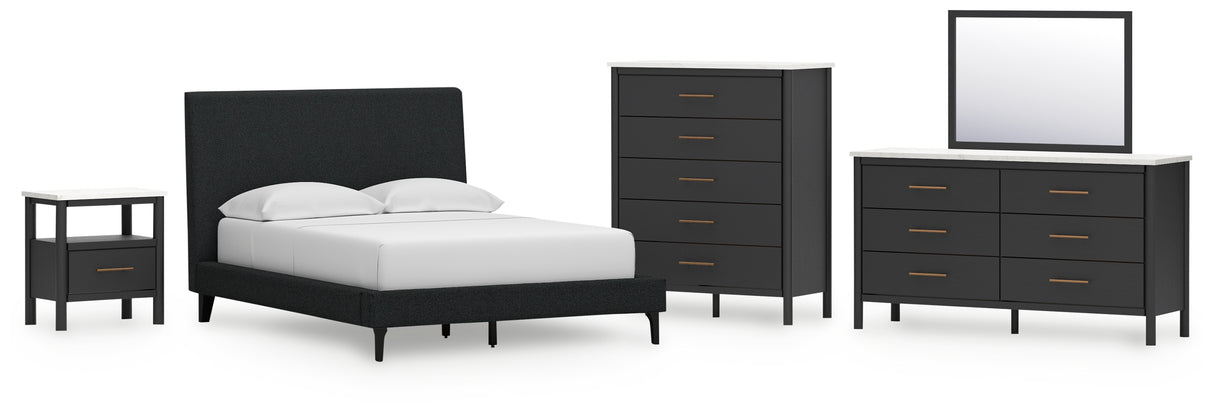 Cadmori 5-Piece Full Upholstered Bed with Mirrored Dresser, Chest and Nightstand (Full Upholstered Bed with Roll Slats, Dresser, Bedroom Mirror, Chest of Drawers, Nightstand)