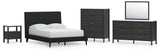 Cadmori 5-Piece Full Upholstered Bed with Mirrored Dresser, Chest and Nightstand (Full Upholstered Bed with Roll Slats, Dresser, Bedroom Mirror, Chest of Drawers, Nightstand)