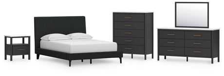 Cadmori 5-Piece Full Upholstered Bed with Mirrored Dresser, Chest and Nightstand (Full Upholstered Bed with Roll Slats, Dresser, Bedroom Mirror, Chest of Drawers, Nightstand)