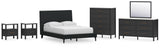 Cadmori 6-Piece Full Upholstered Bed with Mirrored Dresser, Chest and 2 Nightstands (Full Upholstered Bed with Roll Slats, Dresser, Bedroom Mirror, Chest of Drawers, Nightstand, Nightstand)