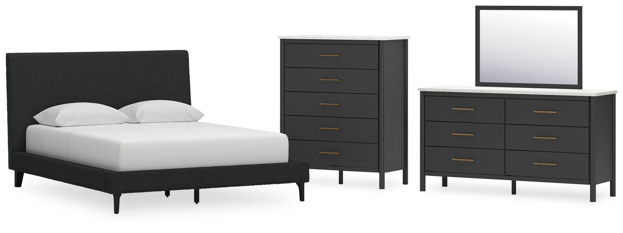 Cadmori 4-Piece Queen Upholstered Bed with Mirrored Dresser and Chest (Queen Upholstered Bed with Roll Slats, Dresser, Bedroom Mirror, Chest of Drawers)