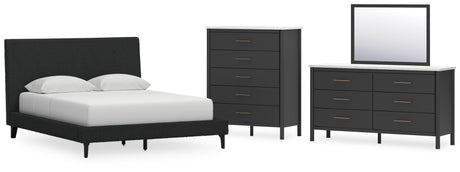 Cadmori 4-Piece Queen Upholstered Bed with Mirrored Dresser and Chest (Queen Upholstered Bed with Roll Slats, Dresser, Bedroom Mirror, Chest of Drawers)