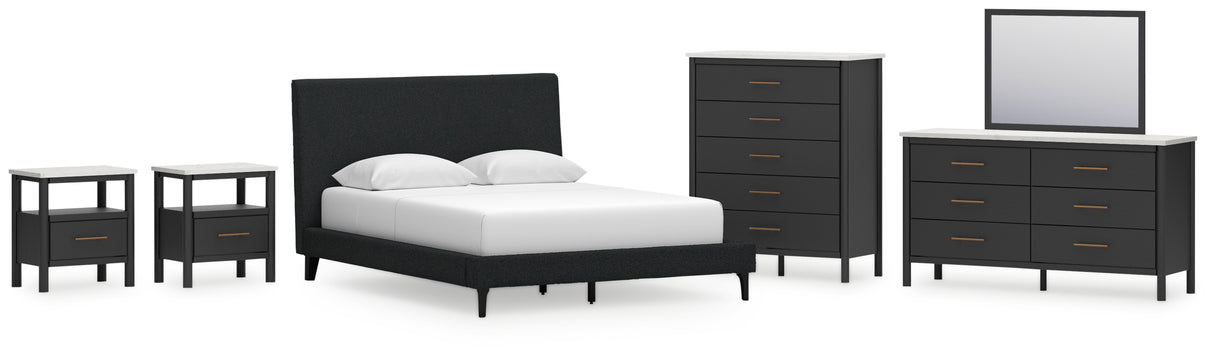 Cadmori 6-Piece Queen Upholstered Bed with Mirrored Dresser, Chest and 2 Nightstands (Queen Upholstered Bed with Roll Slats, Dresser, Bedroom Mirror, Chest of Drawers, Nightstand, Nightstand)