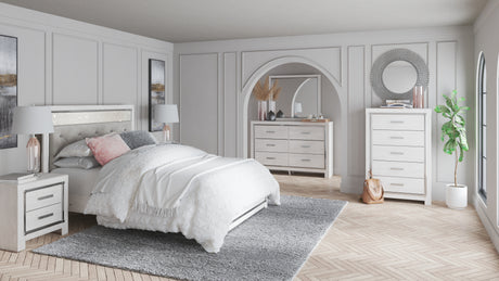 Altyra 5-Piece Queen Panel Bed with Mirrored Dresser (Queen Panel Footboard, Queen Upholstered Panel Headboard, Queen Panel Rails, Dresser, Bedroom Mirror)