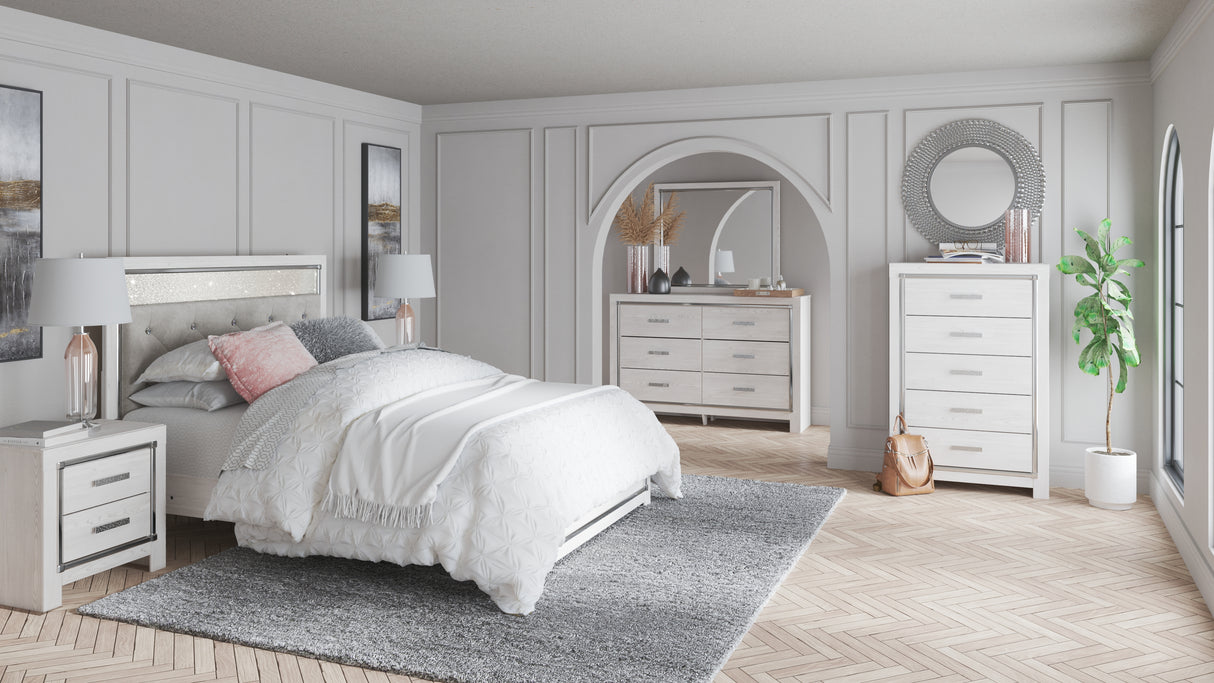 Altyra 8-Piece Queen Panel Bed with Mirrored Dresser, Chest and 2 Nightstands (Queen Panel Footboard, Queen Upholstered Panel Headboard, Queen Panel Rails, Dresser, Bedroom Mirror, Chest of Drawers, Nightstand, Nightstand)