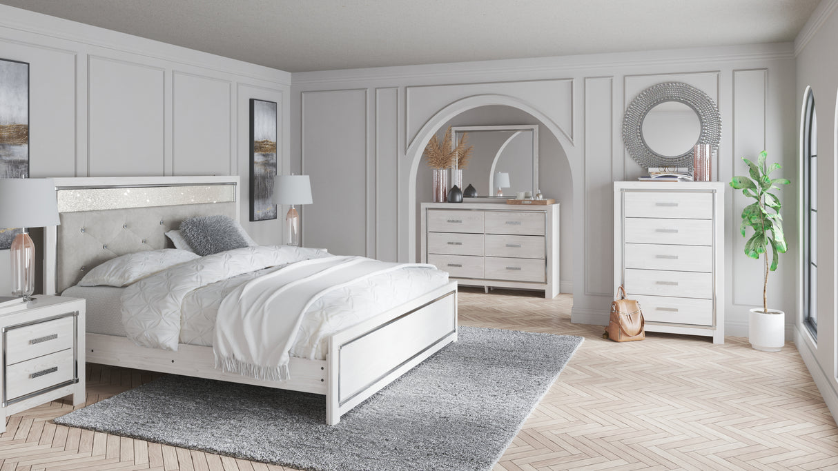 Altyra 7-Piece King Panel Bed with Mirrored Dresser, Chest and Nightstand (King Panel Footboard, King/California King Upholstered Panel Headboard, King Panel Rails, Dresser, Bedroom Mirror, Chest of Drawers, Nightstand)