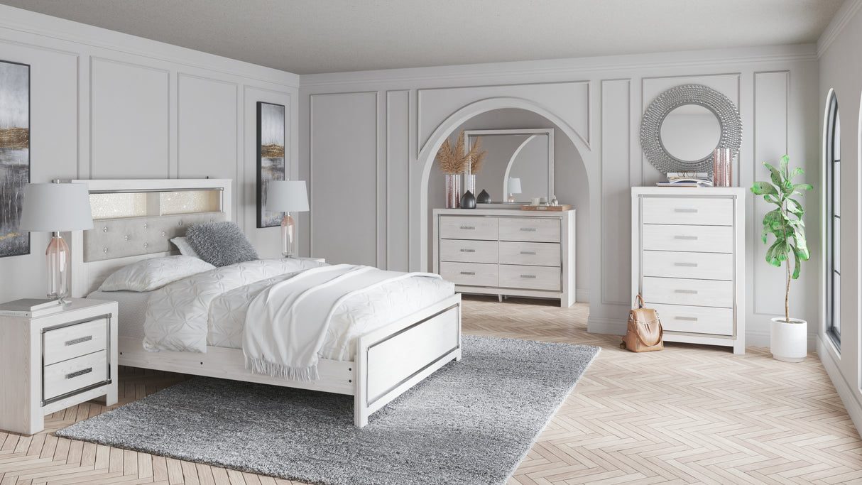 Altyra 5-Piece Queen Bookcase Headboard with Mirrored Dresser and 2 Nightstands (Queen Upholstered Panel Bookcase Headboard, Dresser, Bedroom Mirror, Nightstand, Nightstand)