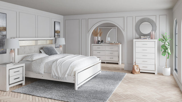 Altyra 6-Piece King Panel Bookcase Bed with Mirrored Dresser and Chest (King Panel Footboard, King Upholstered Panel Bookcase Headboard, King Panel Rails, Dresser, Bedroom Mirror, Chest of Drawers)
