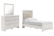 Altyra 5-Piece Twin Panel Bed with Mirrored Dresser (Twin Panel Footboard, Twin Upholstered Panel Headboard, Twin Panel Rails, Dresser, Bedroom Mirror)