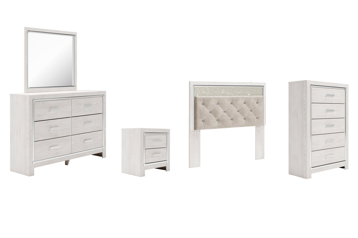 Altyra 5-Piece Queen Panel Headboard with Mirrored Dresser, Chest and Nightstand (Queen Upholstered Panel Headboard, Dresser, Bedroom Mirror, Chest of Drawers, Nightstand)