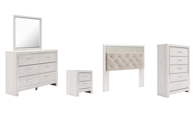 Altyra 5-Piece Queen Panel Headboard with Mirrored Dresser, Chest and Nightstand (Queen Upholstered Panel Headboard, Dresser, Bedroom Mirror, Chest of Drawers, Nightstand)