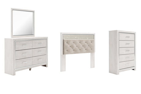 Altyra 4-Piece Queen Panel Headboard with Mirrored Dresser and Chest (Queen Upholstered Panel Headboard, Dresser, Bedroom Mirror, Chest of Drawers)