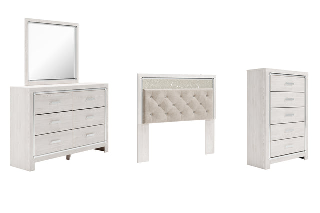 Altyra 4-Piece Queen Panel Headboard with Mirrored Dresser and Chest (Queen Upholstered Panel Headboard, Dresser, Bedroom Mirror, Chest of Drawers)