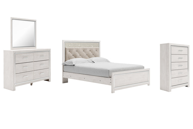 Altyra 6-Piece Queen Panel Bed with Mirrored Dresser and Chest (Queen Panel Footboard, Queen Upholstered Panel Headboard, Queen Panel Rails, Dresser, Bedroom Mirror, Chest of Drawers)