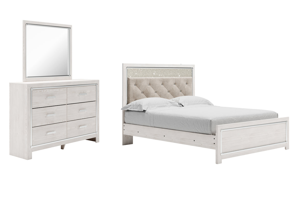 Altyra 5-Piece Queen Panel Bed with Mirrored Dresser (Queen Panel Footboard, Queen Upholstered Panel Headboard, Queen Panel Rails, Dresser, Bedroom Mirror)