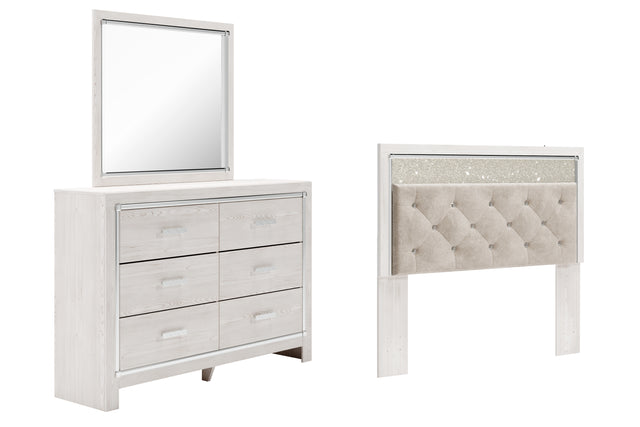 Altyra 3-Piece Queen Panel Headboard with Mirrored Dresser (Queen Upholstered Panel Headboard, Dresser, Bedroom Mirror)