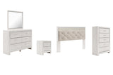 Altyra 5-Piece King Panel Headboard with Mirrored Dresser, Chest and Nightstand (King/California King Upholstered Panel Headboard, Dresser, Bedroom Mirror, Chest of Drawers, Nightstand)
