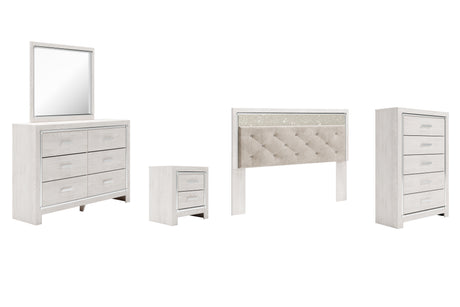 Altyra 5-Piece King Panel Headboard with Mirrored Dresser, Chest and Nightstand (King/California King Upholstered Panel Headboard, Dresser, Bedroom Mirror, Chest of Drawers, Nightstand)
