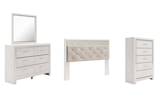 Altyra 4-Piece King Panel Headboard with Mirrored Dresser and Chest (King/California King Upholstered Panel Headboard, Dresser, Bedroom Mirror, Chest of Drawers)