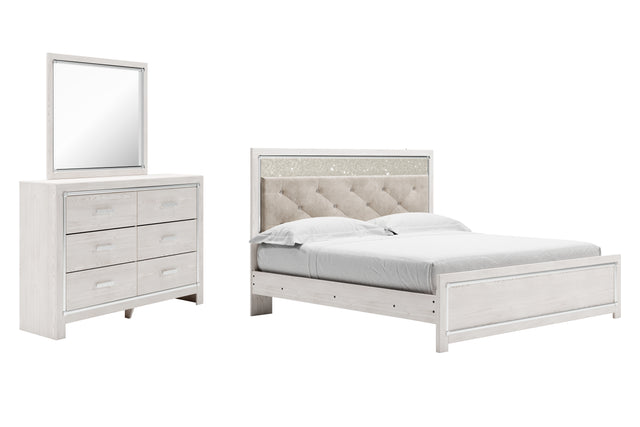Altyra 5-Piece King Panel Bed with Mirrored Dresser (King Panel Footboard, King/California King Upholstered Panel Headboard, King Panel Rails, Dresser, Bedroom Mirror)