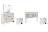 Altyra 5-Piece King Panel Headboard with Mirrored Dresser and 2 Nightstands (King/California King Upholstered Panel Headboard, Dresser, Bedroom Mirror, Nightstand, Nightstand)