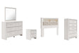 Altyra 5-Piece Queen Bookcase Headboard with Mirrored Dresser, Chest and Nightstand (Queen Upholstered Panel Bookcase Headboard, Dresser, Bedroom Mirror, Chest of Drawers, Nightstand)