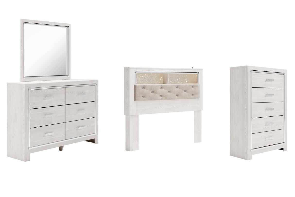 Altyra 4-Piece Queen Bookcase Headboard with Mirrored Dresser and Chest (Queen Upholstered Panel Bookcase Headboard, Dresser, Bedroom Mirror, Chest of Drawers)