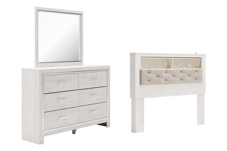 Altyra 3-Piece Queen Bookcase Headboard with Mirrored Dresser (Queen Upholstered Panel Bookcase Headboard, Dresser, Bedroom Mirror)