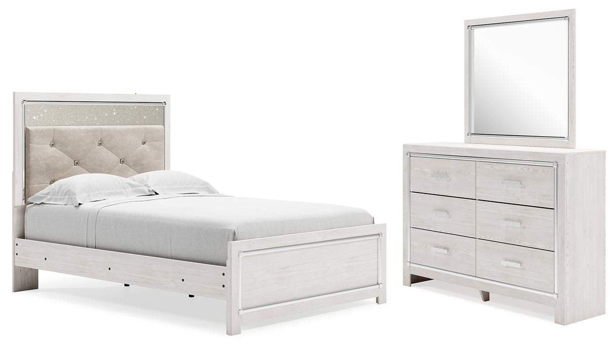 Altyra 5-Piece Full Panel Bed with Mirrored Dresser (Full Panel Footboard, Full Panel Rails, Full Upholstered Panel Headboard, Dresser, Bedroom Mirror)