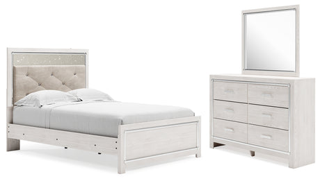 Altyra 5-Piece Full Panel Bed with Mirrored Dresser (Full Panel Footboard, Full Panel Rails, Full Upholstered Panel Headboard, Dresser, Bedroom Mirror)
