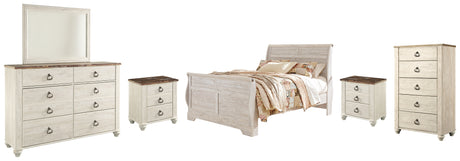 Willowton 8-Piece Queen Sleigh Bed with Mirrored Dresser, Chest and 2 Nightstands (Queen Sleigh Footboard, Queen Sleigh Headboard, Queen Sleigh Rails, Dresser, Bedroom Mirror, Chest of Drawers, Nightstand, Nightstand)