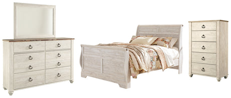 Willowton 6-Piece Queen Sleigh Bed with Mirrored Dresser and Chest (Queen Sleigh Footboard, Queen Sleigh Headboard, Queen Sleigh Rails, Dresser, Bedroom Mirror, Chest of Drawers)