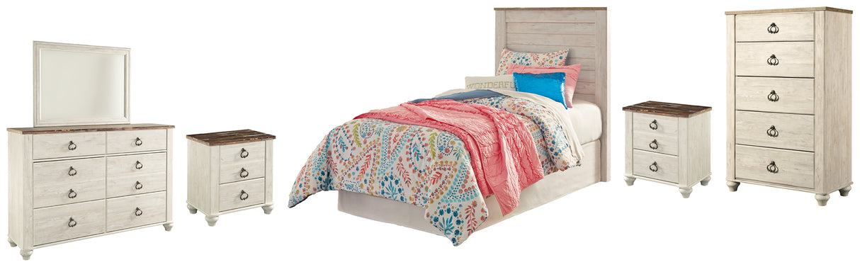Willowton 6-Piece Twin Panel Headboard with Mirrored Dresser, Chest and 2 Nightstands (Twin Panel Headboard, Dresser, Bedroom Mirror, Chest of Drawers, Nightstand, Nightstand)
