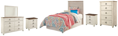Willowton 6-Piece Twin Panel Headboard with Mirrored Dresser, Chest and 2 Nightstands (Twin Panel Headboard, Dresser, Bedroom Mirror, Chest of Drawers, Nightstand, Nightstand)