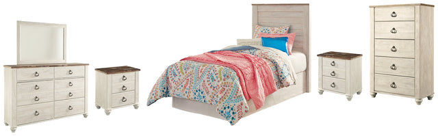 Willowton 6-Piece Twin Panel Headboard with Mirrored Dresser, Chest and 2 Nightstands (Twin Panel Headboard, Dresser, Bedroom Mirror, Chest of Drawers, Nightstand, Nightstand)
