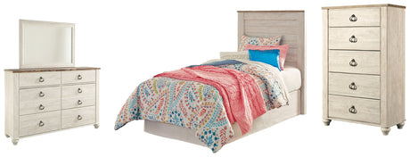 Willowton 4-Piece Twin Panel Headboard with Mirrored Dresser and Chest (Twin Panel Headboard, Dresser, Bedroom Mirror, Chest of Drawers)