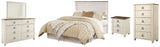 Willowton 5-Piece Queen/Full Panel Headboard with Mirrored Dresser, Chest and Nightstand (Queen Panel Headboard, Dresser, Bedroom Mirror, Chest of Drawers, Nightstand)