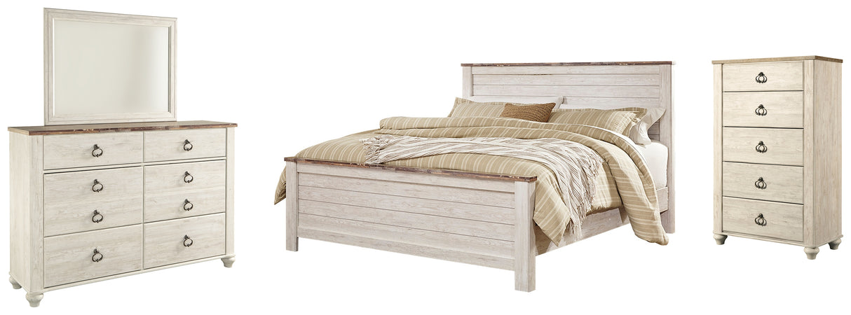 Willowton 6-Piece California King Panel Bed with Mirrored Dresser and Chest (King/California King Panel Footboard, King/California King Panel Headboard, California King Panel Rails, Dresser, Bedroom Mirror, Chest of Drawers)