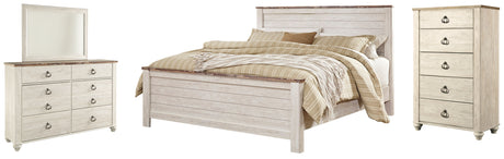Willowton 6-Piece King Panel Bed with Mirrored Dresser and Chest (King/California King Panel Footboard, King/California King Panel Headboard, King Panel Rails, Dresser, Bedroom Mirror, Chest of Drawers)