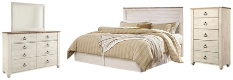 Willowton 4-Piece King/California King Panel Headboard with Mirrored Dresser and Chest (King/California King Panel Headboard, Dresser, Bedroom Mirror, Chest of Drawers)
