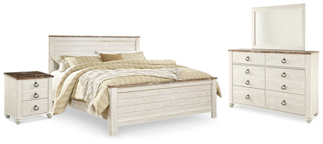 Willowton King Panel Bed, Dresser, Mirror, and Nightstand (Bed Size: King)
