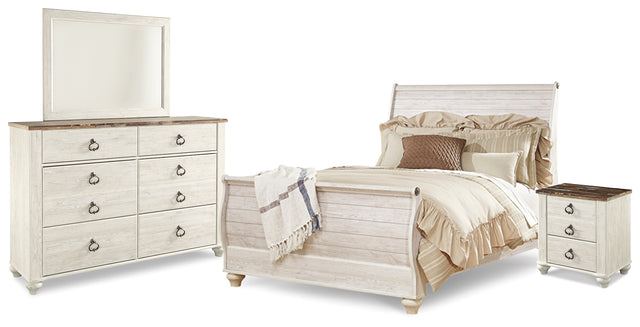 Willowton 6-Piece Queen Sleigh Bed with Mirrored Dresser and Nightstand (Queen Sleigh Footboard, Queen Sleigh Headboard, Queen Sleigh Rails, Dresser, Bedroom Mirror, Nightstand)