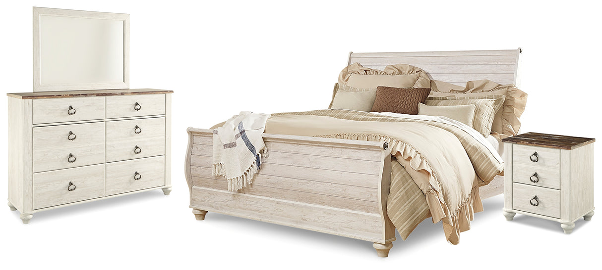 Willowton King Sleigh Bed, Dresser, Mirror and Nightstand (Bed Size: King)