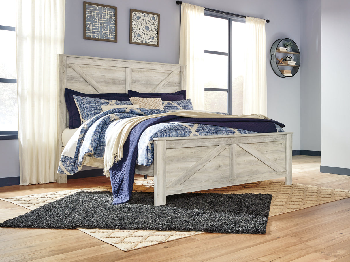 Bellaby 6-Piece King Crossbuck Panel Bed with Mirrored Dresser and Chest (King Crossbuck Panel Footboard, King Crossbuck Panel Headboard, King Crossbuck Rails, Dresser, Bedroom Mirror, Chest of Drawers)