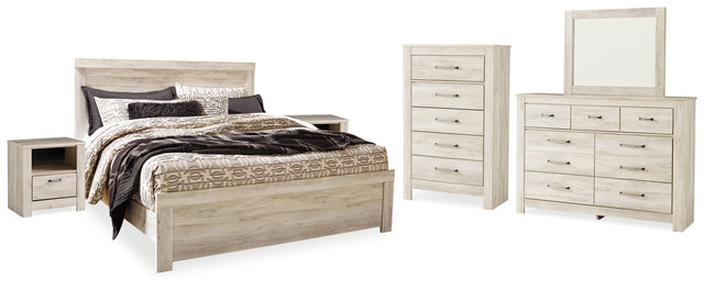 Bellaby King Panel Bed, Dresser, Mirror, Chest and 2 Nightstands (Bed Size: King)