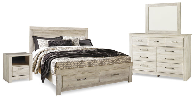 Bellaby King Panel Storage Bed, Dresser, Mirror and Nightstand (Bed Size: King)