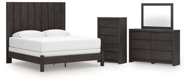Fraluna 6-Piece King Panel Bed with Mirrored Dresser and Chest (King Panel Footboard with Rails, King Headboard Panel, Queen/King Headboard Posts, Dresser, Bedroom Mirror, Chest of Drawers)