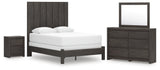 Fraluna 6-Piece Queen Panel Bed with Mirrored Dresser and Nightstand (Queen Panel Footboard with Rails, Queen Headboard Panel, Queen/King Headboard Posts, Dresser, Bedroom Mirror, Nightstand)