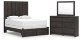 Fraluna 6-Piece Queen Panel Storage Bed with Mirrored Dresser (Queen Storage Footboard, Queen Headboard Panel, Queen/King Headboard Posts, Queen Bed Rails, Dresser, Bedroom Mirror)