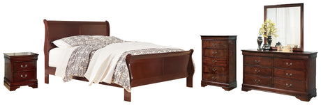 Alisdair 6-Piece Queen Sleigh Bed with Mirrored Dresser, Chest and Nightstand (Queen Sleigh Headboard/Footboard, Queen Sleigh Rails, Dresser, Bedroom Mirror, Chest of Drawers, Nightstand)